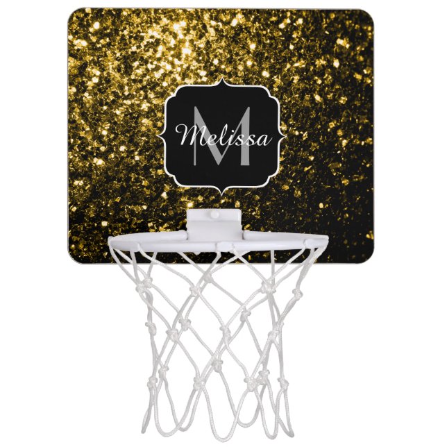 Dark gold yellow faux glitter sparkles Monogram Mini Basketball Hoop (Front)