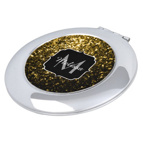 Dark gold yellow faux glitter sparkles Monogram Mirror For Makeup