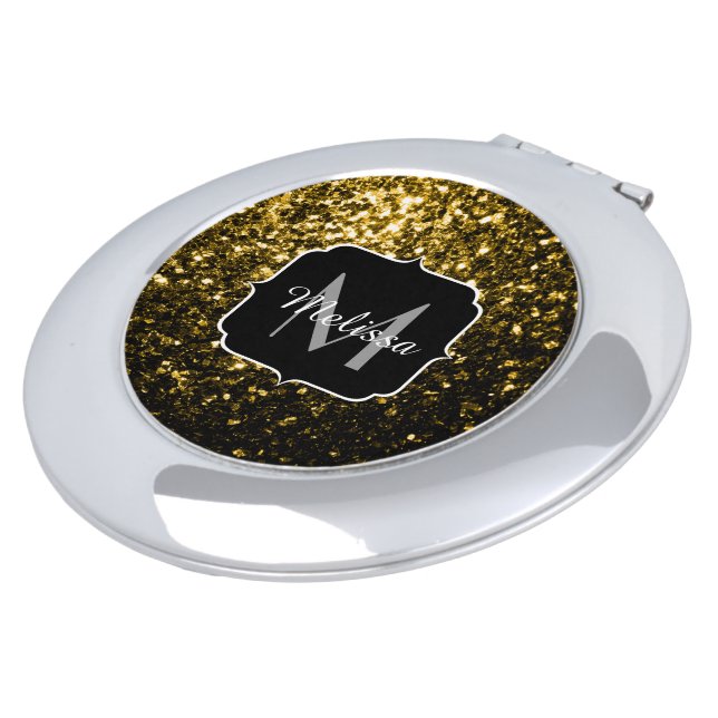 Dark gold yellow faux glitter sparkles Monogram Mirror For Makeup (Turned)