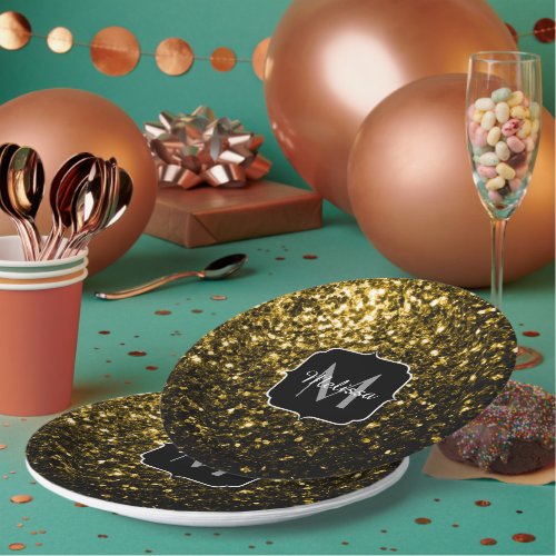 Dark gold yellow faux glitter sparkles Monogram Paper Plates