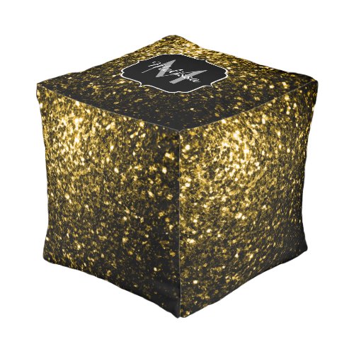 Dark gold yellow faux glitter sparkles Monogram Pouf