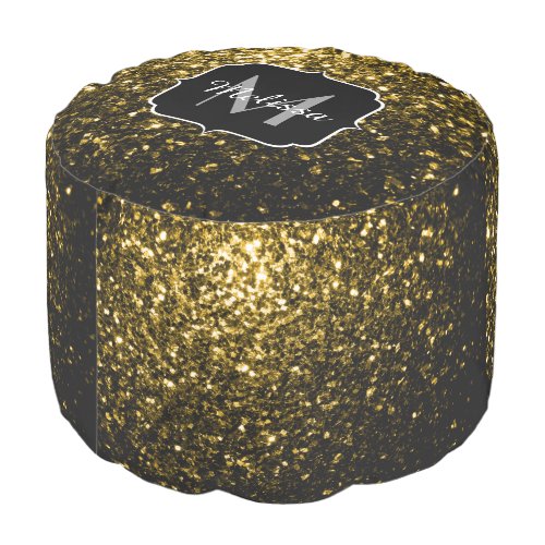 Dark gold yellow faux glitter sparkles Monogram Pouf