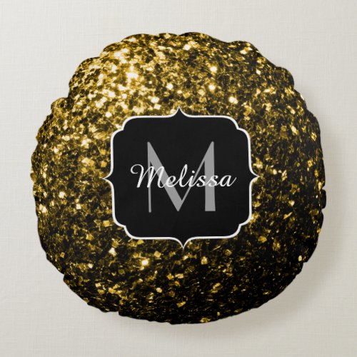 Dark gold yellow faux glitter sparkles Monogram Round Pillow