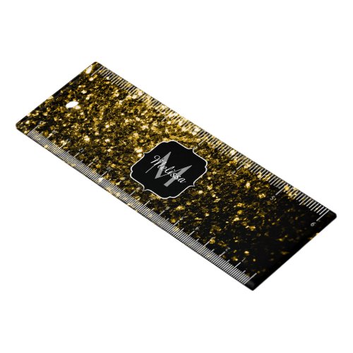 Dark gold yellow faux glitter sparkles Monogram Ruler