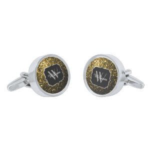 Dark gold yellow faux glitter sparkles Monogram Silver Cufflinks
