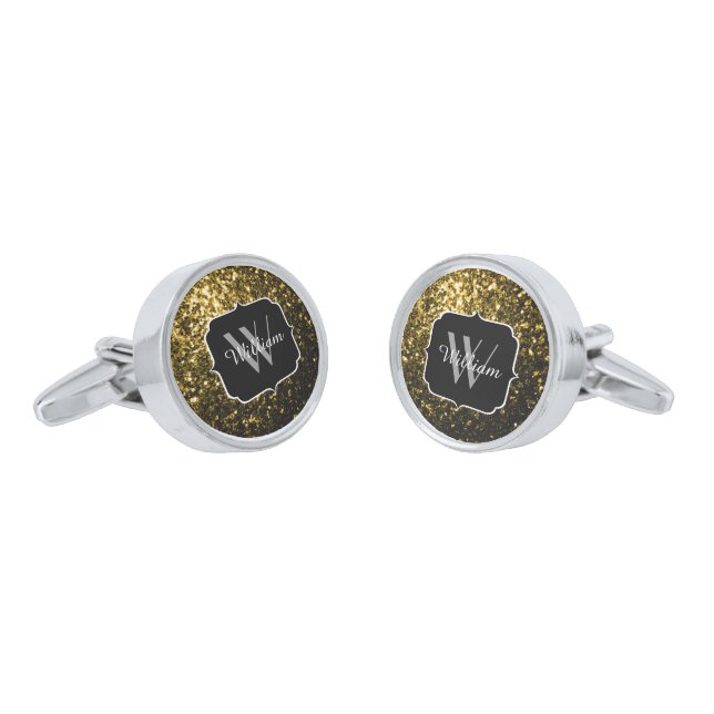 Dark gold yellow faux glitter sparkles Monogram Silver Cufflinks (Angled)