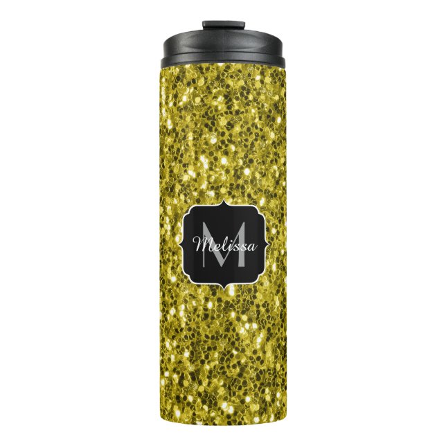  Dark gold yellow faux glitter sparkles Monogram Thermal Tumbler (Front)