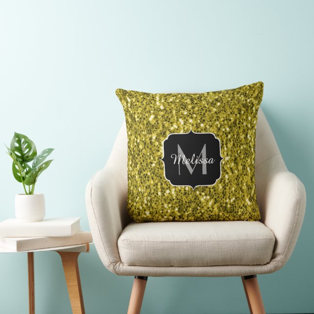  Dark gold yellow faux glitter sparkles Monogram Throw Pillow (Chair)
