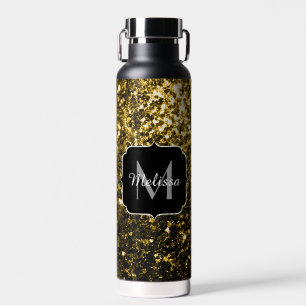 Dark gold yellow faux glitter sparkles Monogram Water Bottle