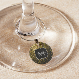 Dark gold yellow faux glitter sparkles Monogram Wine Charm