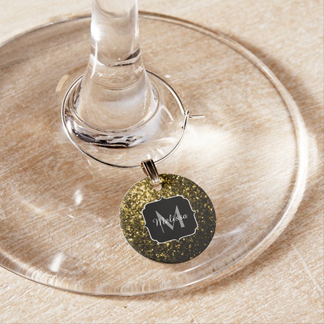 Dark gold yellow faux glitter sparkles Monogram Wine Charm (In Situ)