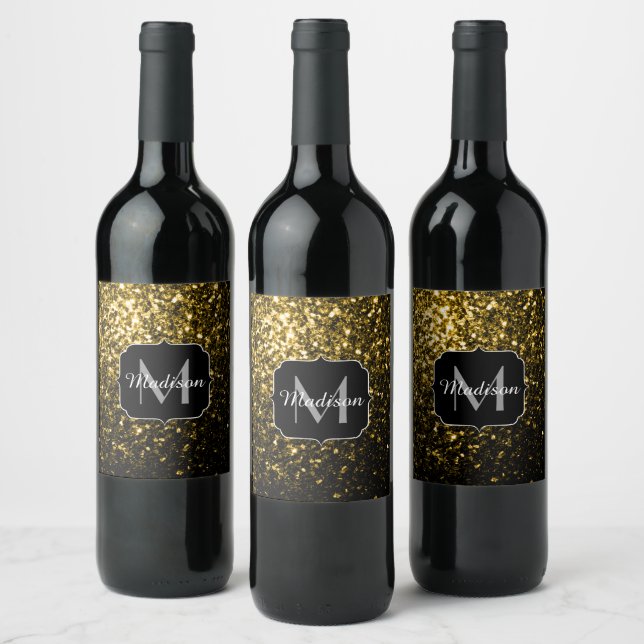 Dark gold yellow faux glitter sparkles Monogram Wine Label (Bottles)