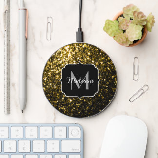Dark gold yellow faux glitter sparkles Monogram Wireless Charger