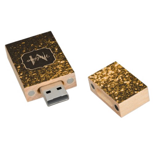 Dark gold yellow faux glitter sparkles Monogram Wood Flash Drive