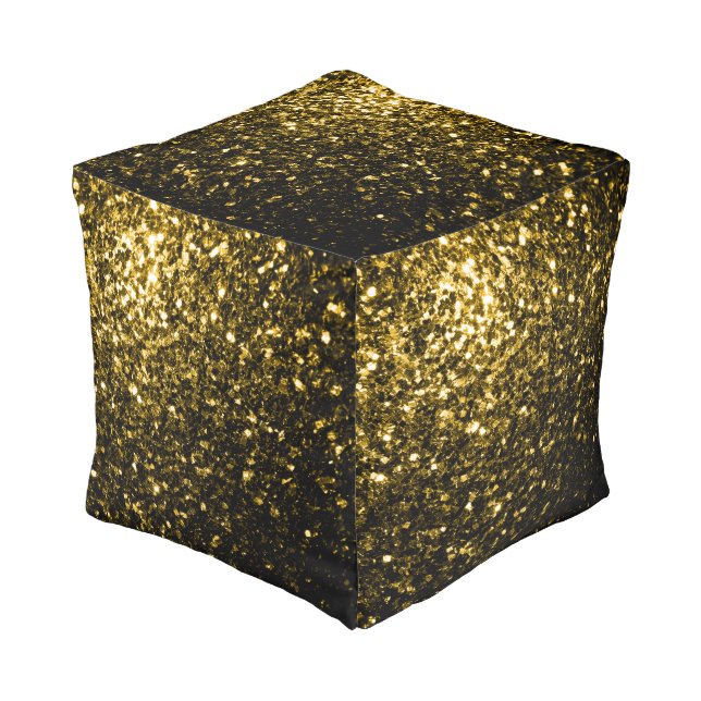 Dark gold yellow faux glitter sparkles pouf (Angled Front)
