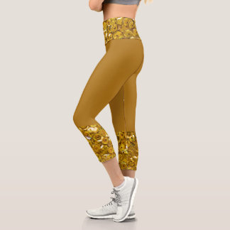 Dark gold yellow faux glitter sparkles Romantic Capri Leggings