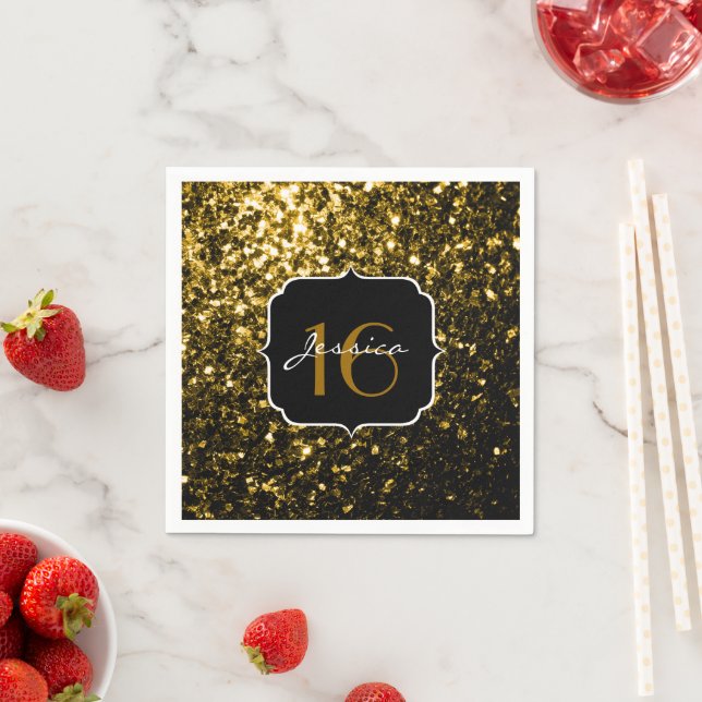 Dark gold yellow faux glitter sparkles Sweet 16 Paper Napkins (Insitu)