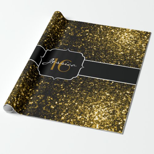 Dark gold yellow faux glitter sparkles Sweet 16 Wrapping Paper