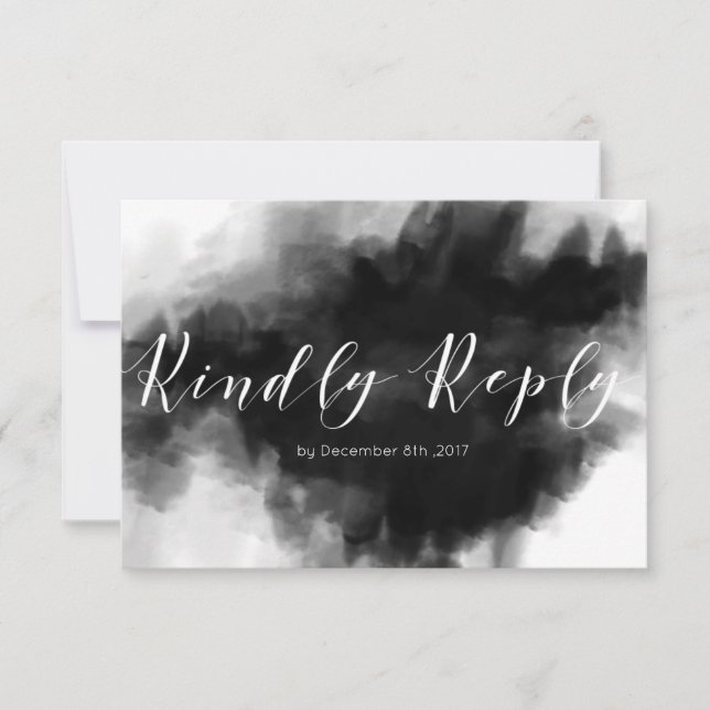 Dark Goth Black Watercolor Wedding RSVP Card (Front)