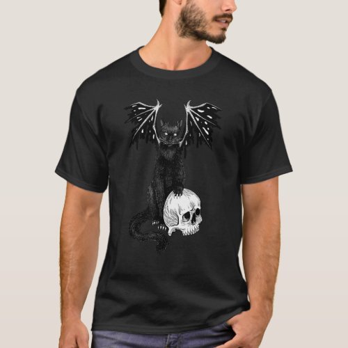 Dark Goth Creepy Demon Black Cat And Skull Hallowe T_Shirt