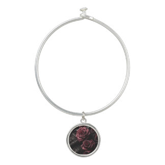 Dark Goth Pink Rose & Black Brocade Bangle Bracelet