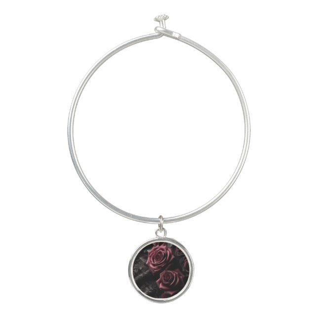 Dark Goth Pink Rose & Black Brocade Bangle Bracelet (Front)