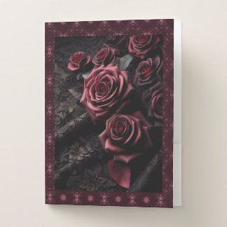 Dark Goth Pink Rose & Black Brocade Pocket Folder