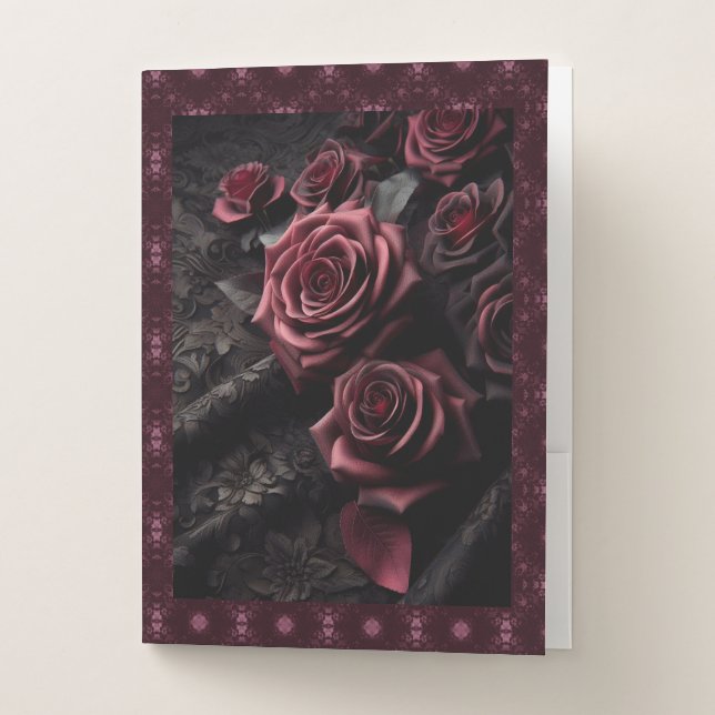 Dark Goth Pink Rose & Black Brocade Pocket Folder (Front)