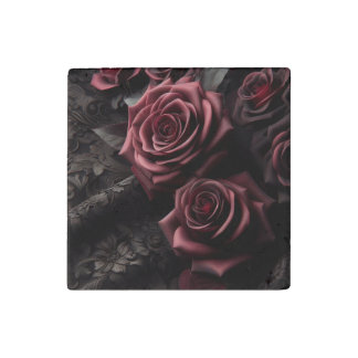 Dark Goth Pink Rose & Black Brocade Stone Magnet