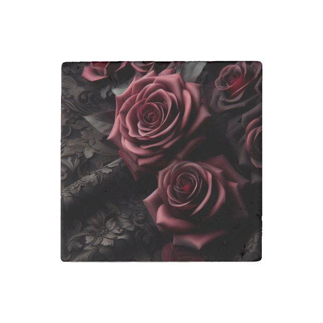 Dark Goth Pink Rose & Black Brocade Stone Magnet (Front)