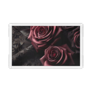 Dark Goth Pink Roses & Black Brocade Acrylic Tray