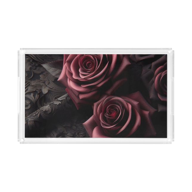 Dark Goth Pink Roses & Black Brocade Acrylic Tray (Front)