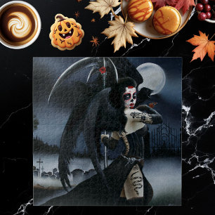 Dark Gothic Angel Death Sugar Skull Fantasy Jigsaw Puzzle