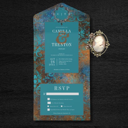 Dark Gothic Antique Teal  Gold Damask Dinner All In One Invitation