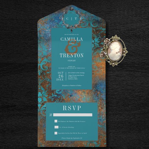 Dark Gothic Antique Teal  Gold Damask No Dinner All In One Invitation