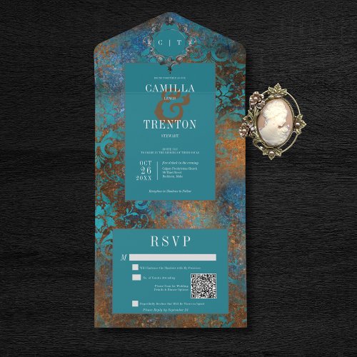 Dark Gothic Antique Teal  Gold Damask QR Code All In One Invitation