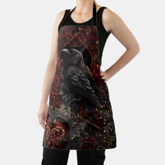 Dark Gothic Beauty Red Roses Black Crow Raven Bird Apron