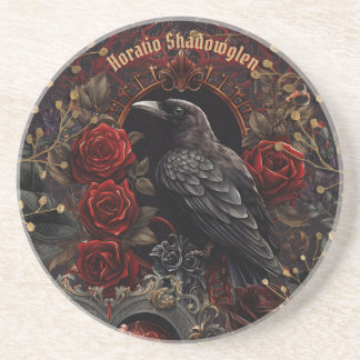 Dark Gothic Beauty Red Roses Black Crow Raven Bird Coaster