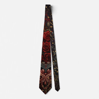 Dark Gothic Beauty Red Roses Black Crow Raven Bird Neck Tie