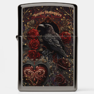 Dark Gothic Beauty Red Roses Black Crow Raven Bird Zippo Lighter
