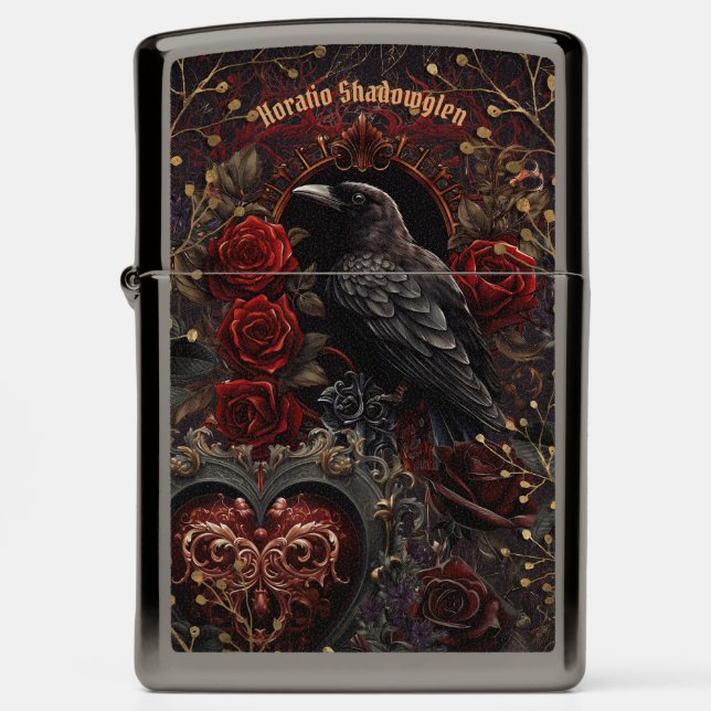 Dark Gothic Beauty Red Roses Black Crow Raven Bird Zippo Lighter (Front)