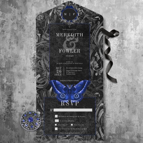 Dark Gothic Black  Blue Filigree Moth Dinner All In One Invitation
