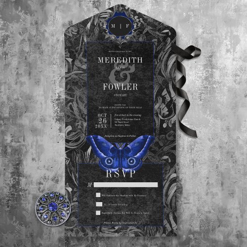 Dark Gothic Black  Blue Filigree Moth No Dinner All In One Invitation
