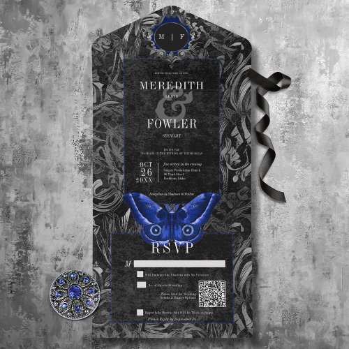 Dark Gothic Black  Blue Filigree Moth QR Code All In One Invitation