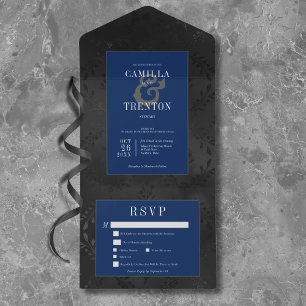 Dark Gothic Black & Blue Floral Satin Dinner All In One Invitation