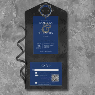 Dark Gothic Black & Blue Floral Satin QR Code All In One Invitation