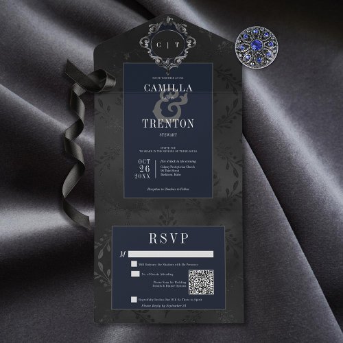 Dark Gothic Black  Blue Floral Satin QR Code All In One Invitation