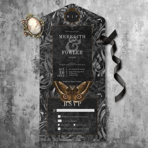 Dark Gothic Black  Brown Filigree Moth Dinner All In One Invitation