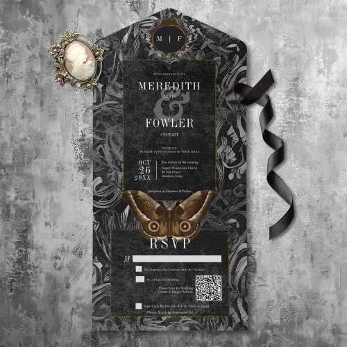 Dark Gothic Black  Brown Filigree Moth QR Code All In One Invitation
