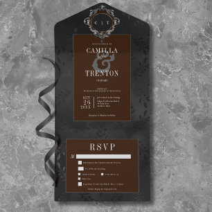 Dark Gothic Black & Brown Floral Satin Dinner All In One Invitation